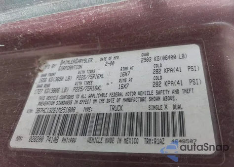 2001 Dodge Ram 1500 St из США, поврежденный, VIN 3B7HC13Z61M251808